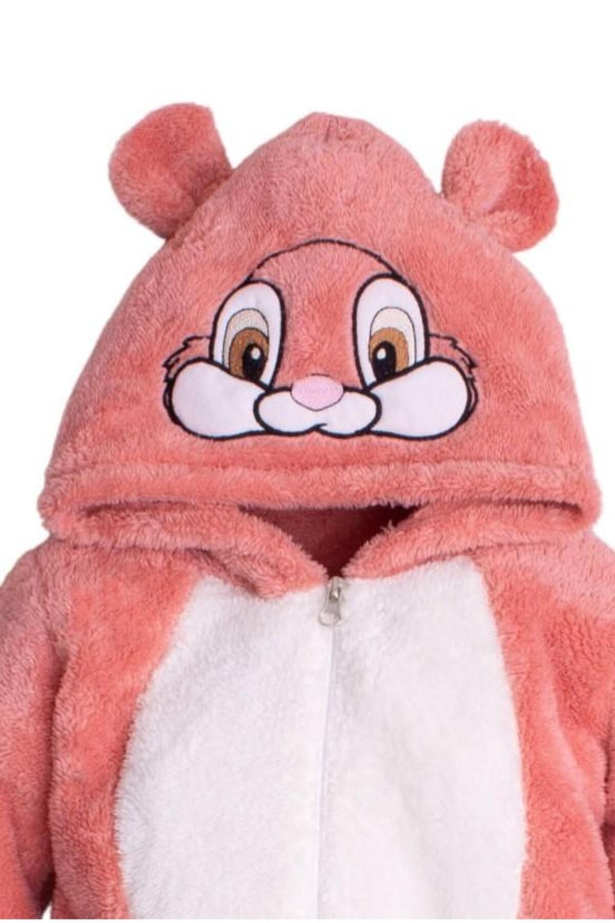 Kışlık Tatlı Peluş Kapüşonlu Tavşan Nakışlı Bebek Çocuk Welsoft Tulum